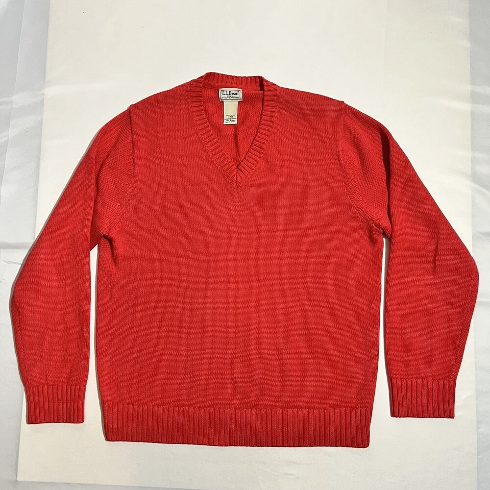 LL Bean Sweater Mens M Coral Red Long Sleeve V Neck Knit Cotton Pullover Reg